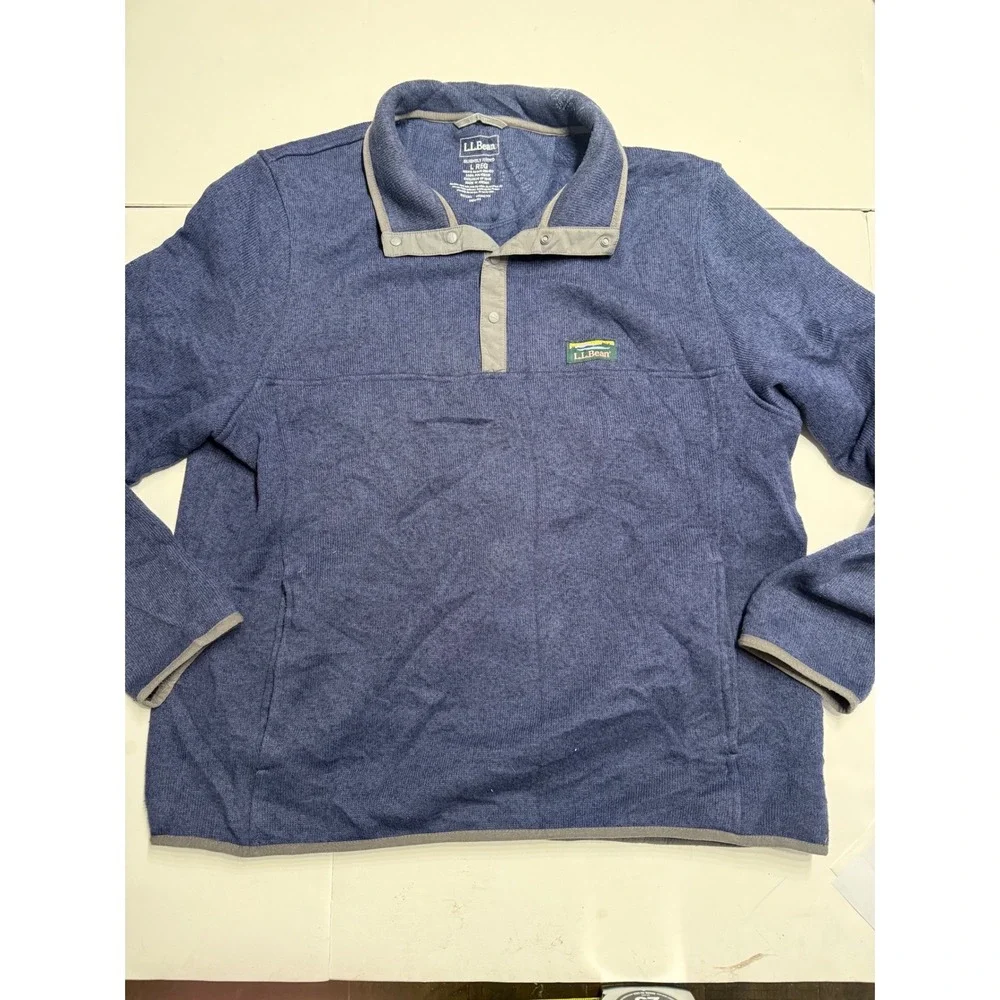 LL Bean Sweater Fleece Pullover Mens Large Blue Snap Neck 293050 Heathered Knit
